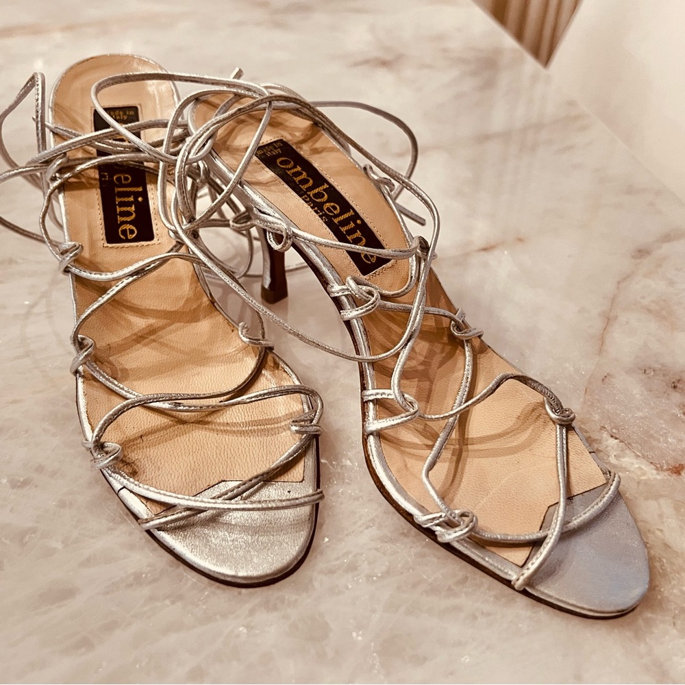 Ombeline Paris Silver Metallic Ankle Tie Heels Sandals